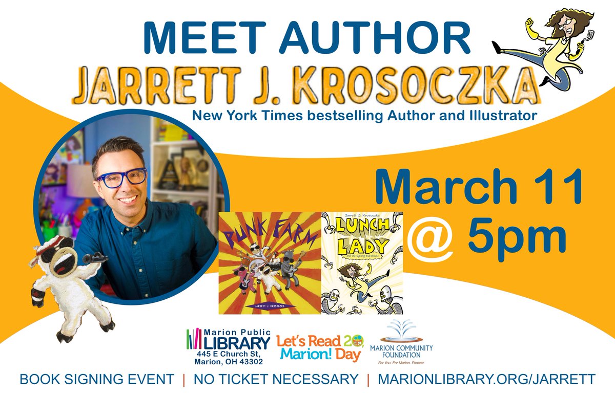 Let's Read 20 (@letsread20) on Twitter photo Jarrett J. Krosoczka is coming to the <a href="/MarionPublicLib/">MarionPublicLibrary</a> tomorrow! Jarrett J. Krosoczka is coming to the <a href="/MarionPublicLib/">MarionPublicLibrary</a> tomorrow!