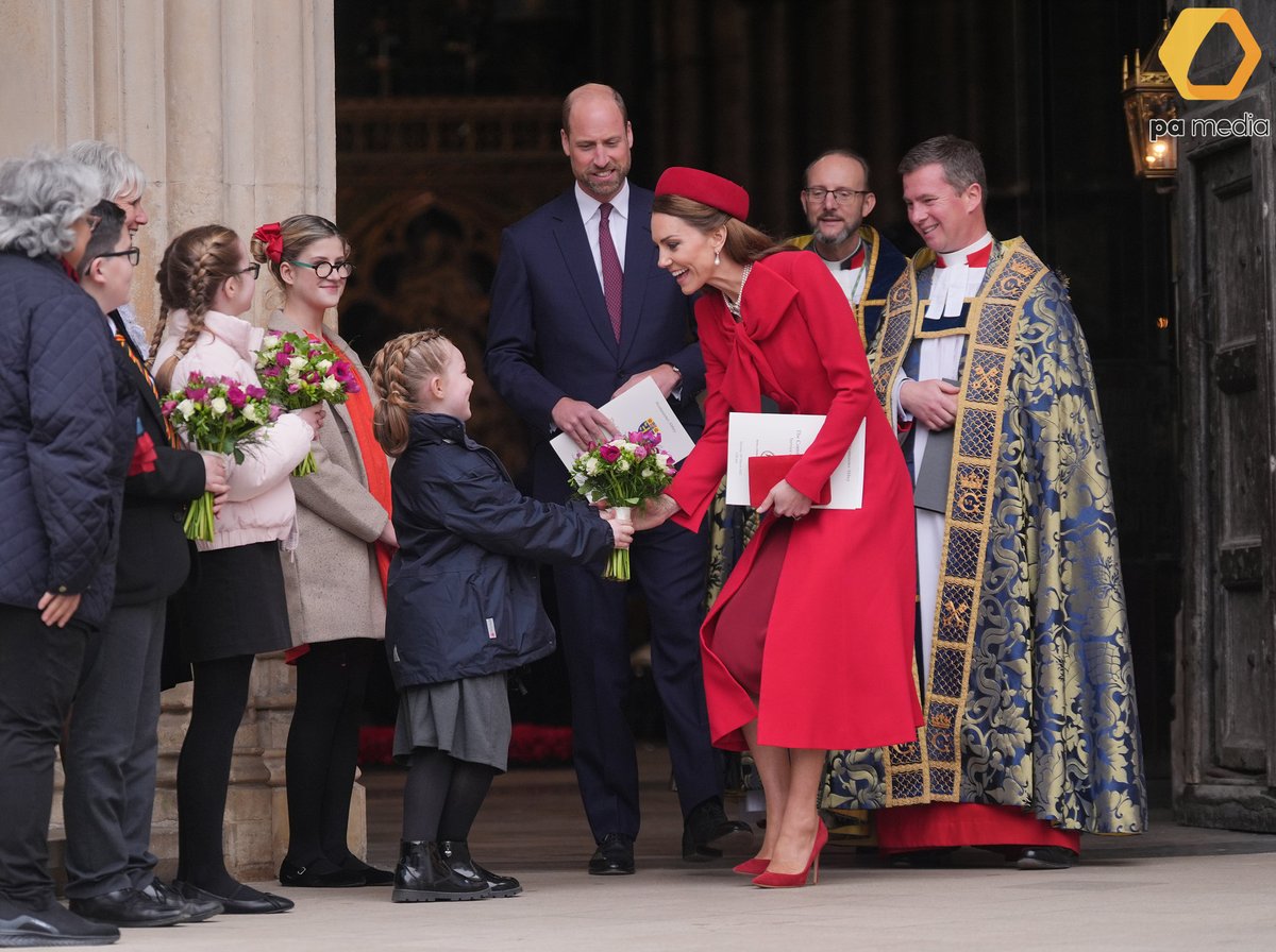 The Princess of Wales is presented with flowers after attending the annual Commonwealth Day Service of Celebration at Westminster Abbey, in London, with the Prince of Wales. #CommonwealthDay #Royal