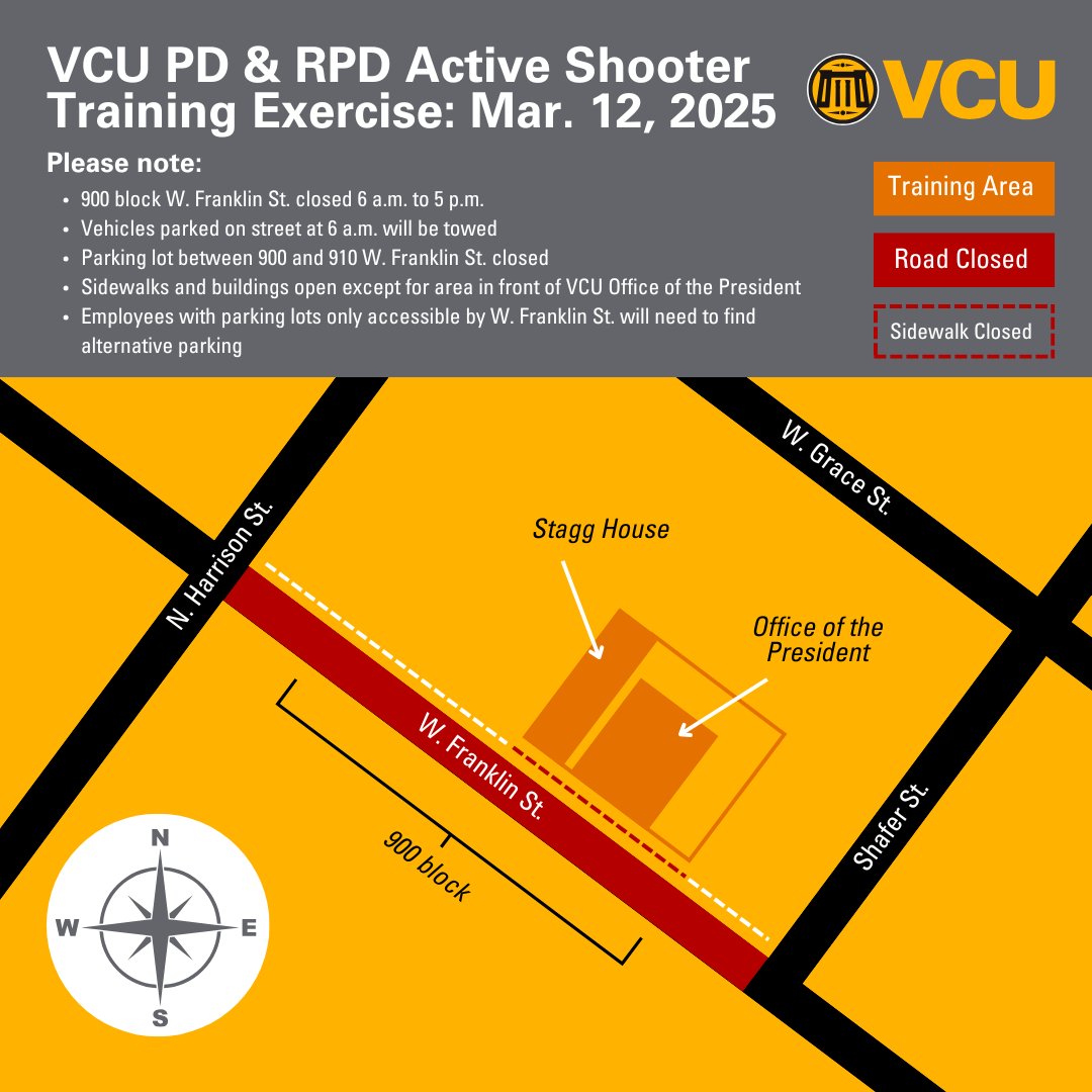 VCU Police (@vcupd) on Twitter photo VCUPD and <a href="/RichmondPolice/">Richmond Police</a> will hold a joint active shooter training exercise on Wednesday, March 12, along the 900 block of W. Franklin St. The exercise will involve the sound of simulated gunfire and actors in realistic makeup that mimic significant injuries. Community members VCUPD and <a href="/RichmondPolice/">Richmond Police</a> will hold a joint active shooter training exercise on Wednesday, March 12, along the 900 block of W. Franklin St. The exercise will involve the sound of simulated gunfire and actors in realistic makeup that mimic significant injuries. Community members