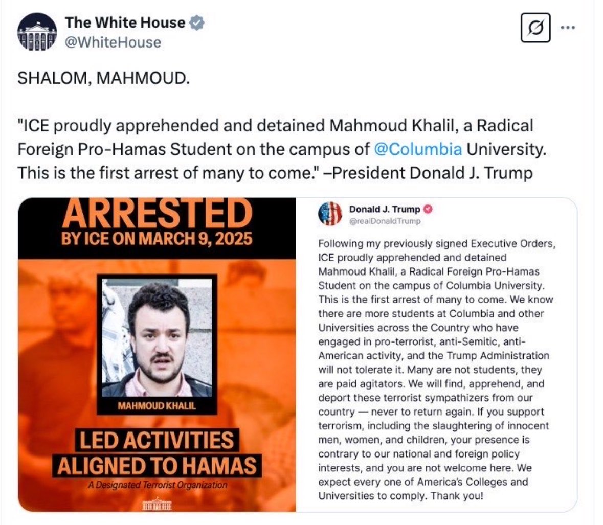 Mahmoud holds a green card, is a graduate of Columbia university and was merely a student protestor. His wife is a US citizen who is 8 months pregnant. He was abducted from his home and disappeared by ICE agents.

Trump is openly taunting him and the entire community by