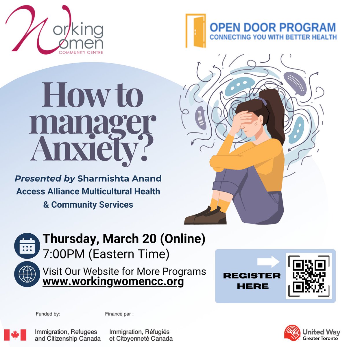 🌍 How to Manage Anxiety? 🧠💬
Did you know that anxiety is a common feeling among immigrants? 
🌱 Join us and take care of your mental health! 💙
Eligibility: Caregivers in Canada with  work permit or permanent residents.
Register Here: forms.office.com/r/rZvMEBUry0