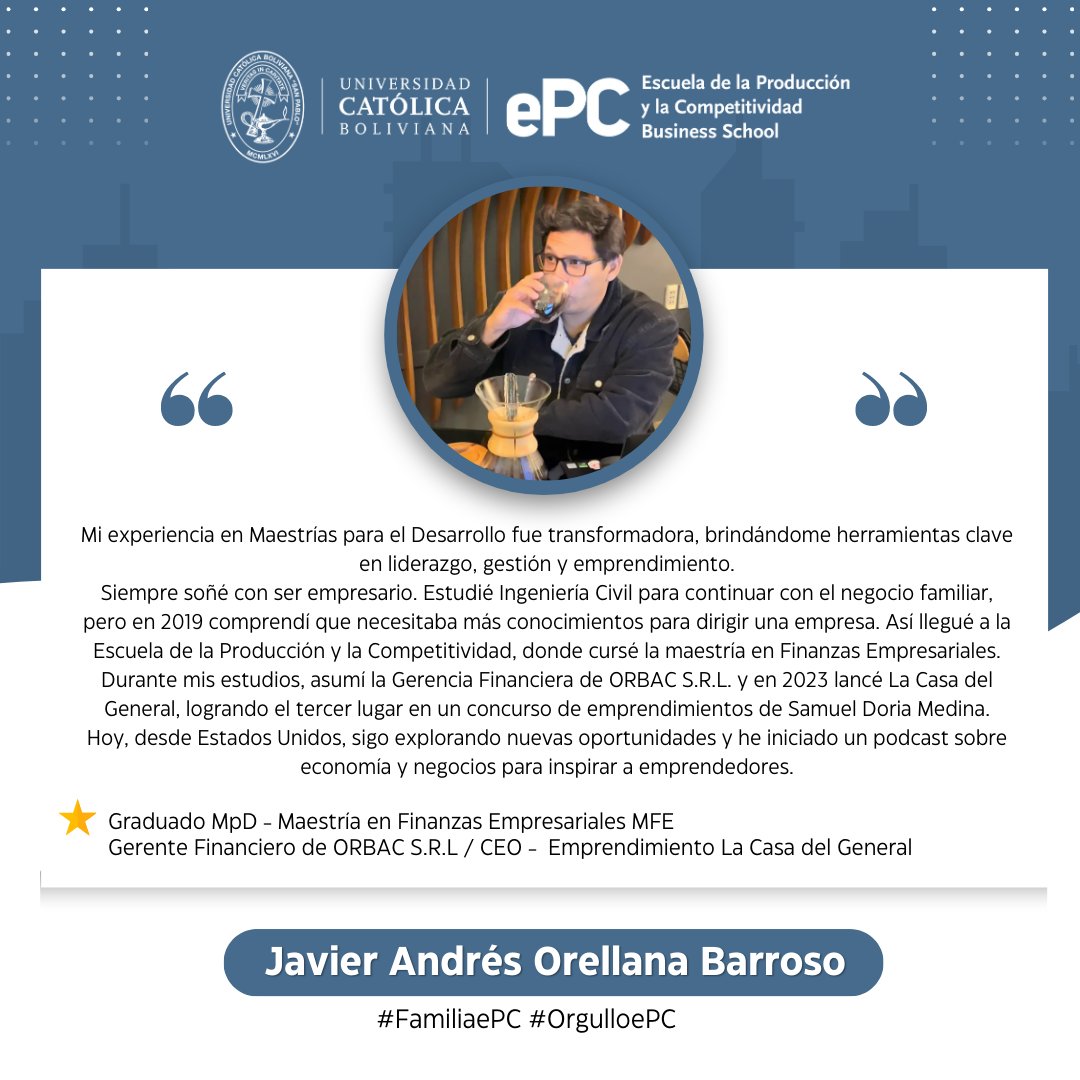ePC_UCB's tweet image. 🎓 ¡Conoce a nuestros Graduados Destacados! 🎓

Hoy queremos resaltar la trayectoria de Javier Andrés Orellana Barroso, graduado de la Maestría en Finanzas Empresariales (MFE) de MpD.

#OrgulloePC #FamiliaePC #GraduadosDestacados #Liderazgo #Emprendimiento #Finanzas