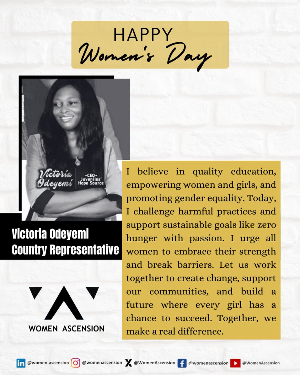 WomenAscension's tweet photo. International Women's Day Message from Victoria Odeyemi - #Nigeria
#Women #Empower #InPower #Leadership #AccelerateAction #IWD2025 #InternationalWomensDay #EachForEqual #BreakTheBias #ChooseToChallenge #EmpowerHer #GenderEquality #WomenEmpowerment #WomenAscension #Global https://t.co/733BLa5FLf