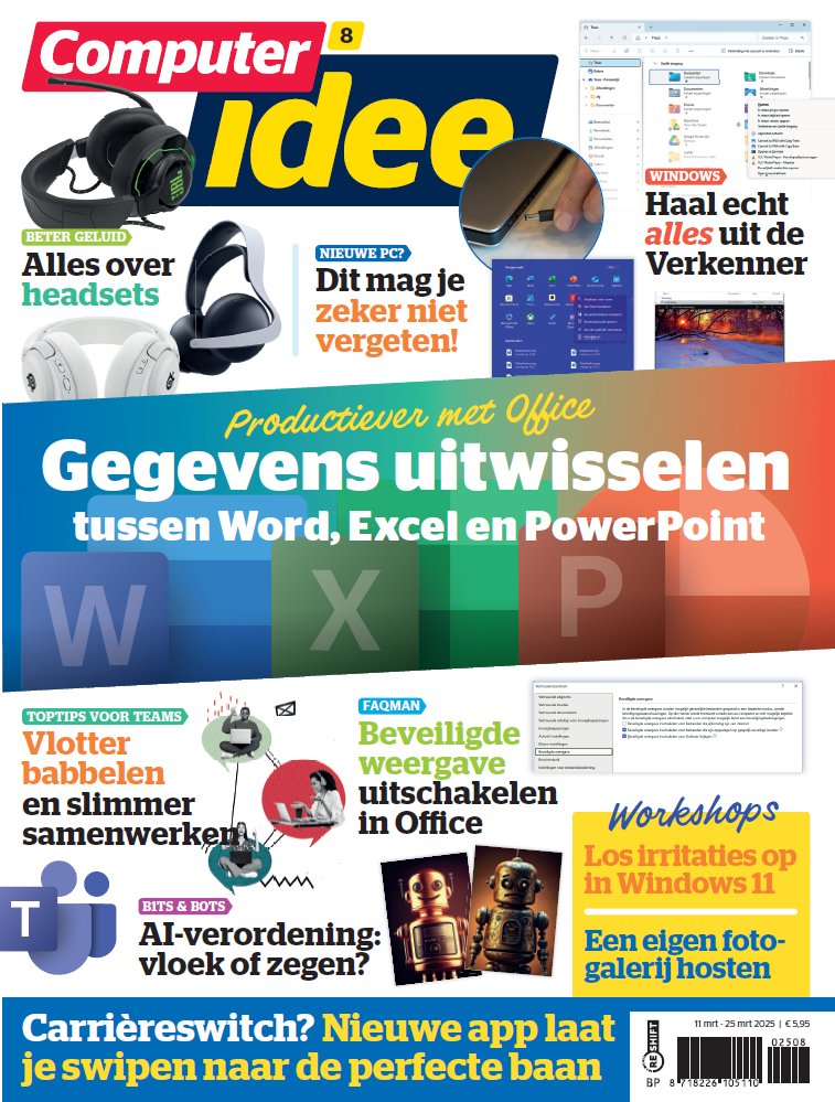 Computeridee's tweet image. Werk je veel met de kantoorsuite Microsoft 365 en wissel je regelmatig gegevens uit tussen Word, Excel en PowerPoint, zoals tabellen, grafieken en adressen? In editie 8 van Computer idee bespreken we de interessantste mogelijkheden.