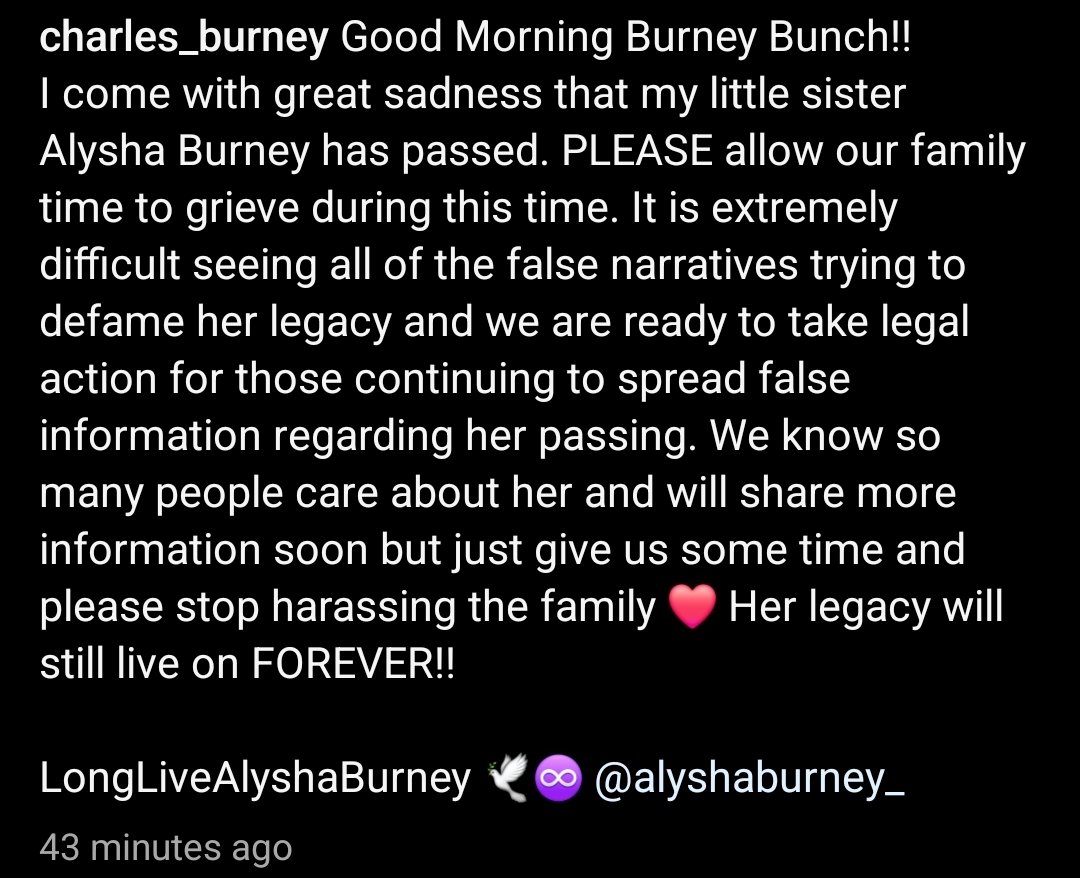 TwaddictsRUs's tweet photo. Rest in power, beautiful queen ๐ข๐๐น
Prayers & love to Alysha Burney's family & loved ones.๐๐น๐ซถ
#alyshaburney #llab #inmemoriam https://t.co/VHKbxtKqFX