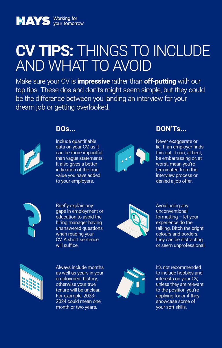 Ready to land your dream job? Your CV is your first shot at a great impression, don't let it be your last! Our #CVtemplate is here to make sure your experience and skills aren't overlooked. Check out the infographic, then head to this link for the guide: link.hays.com/4hm0omY
