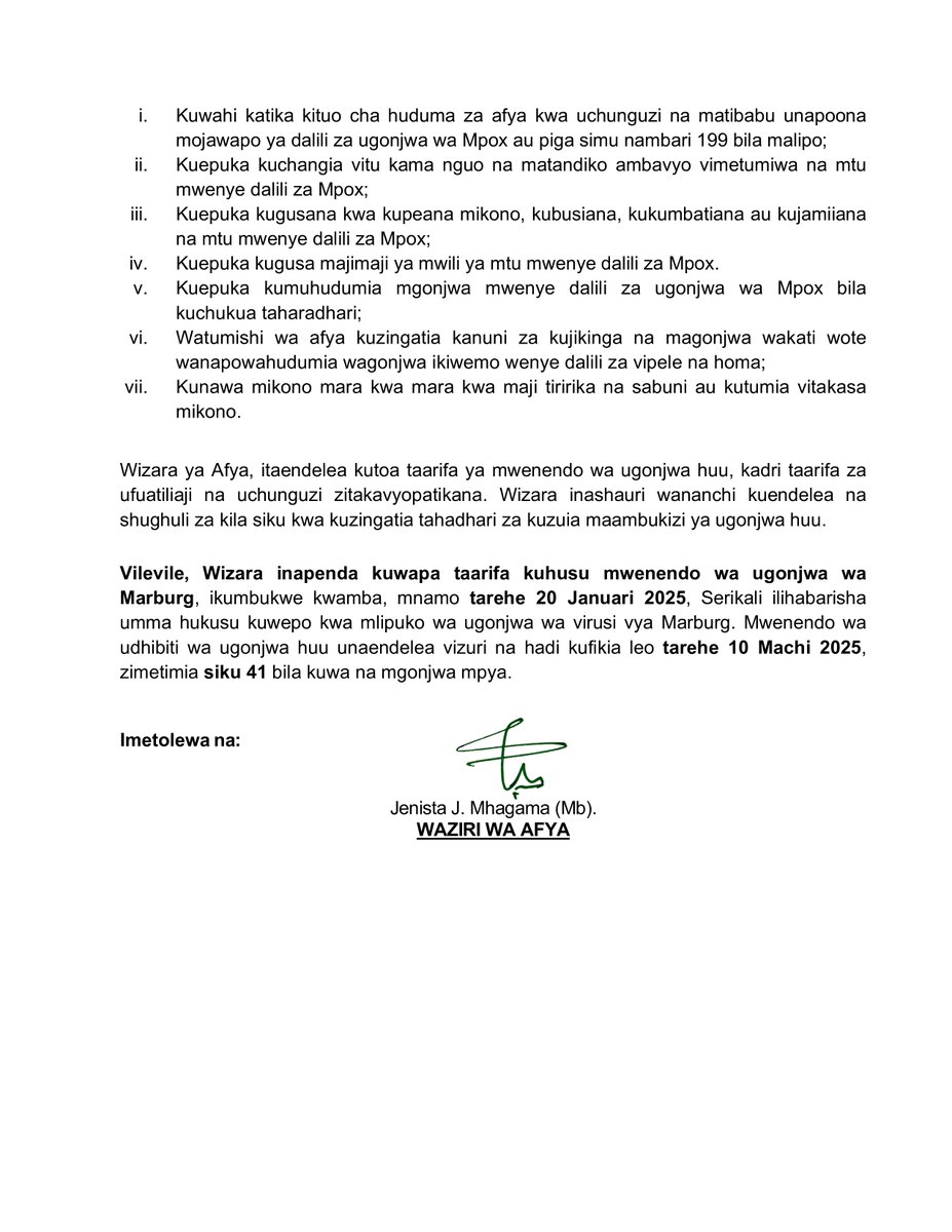 wizara_afyatz's tweet photo. TAARIFA KWA UMMA KUHUSU UGONJWA WA MPOX NCHINI https://t.co/xrMTZ1tWwd