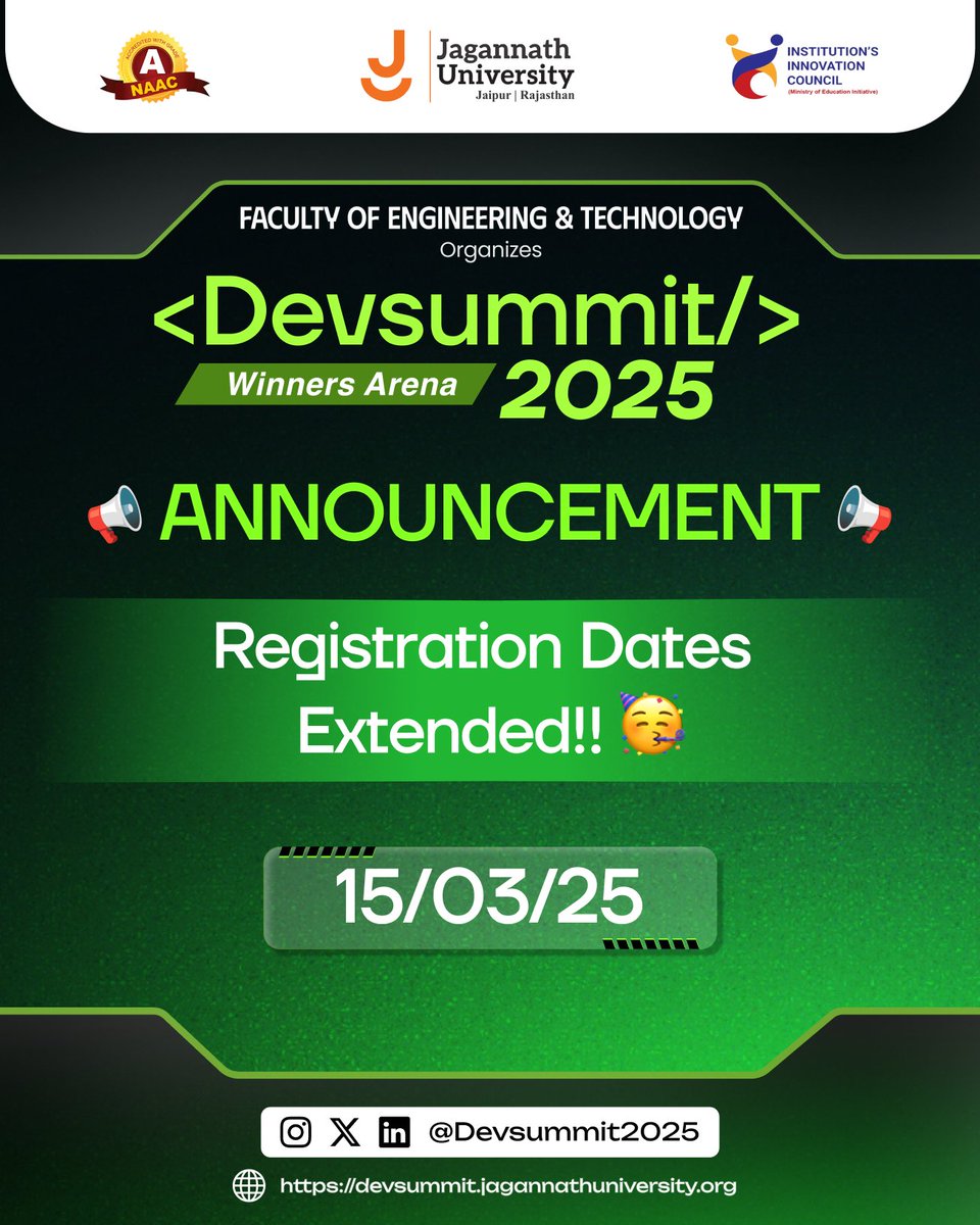 devsummit2025's tweet photo. 🚀 Exciting news! Due to high demand, we’re extending registrations until 15th March 2025! ⏳
💡 Innovate. Collaborate. Compete.
📅 29th-30th March 2025
📍 Jagannath University, Jaipur
🏆 ₹1,50,000+ in rewards
Don’t miss out—register now! 🔥 #DevSummit2025 #Hack #JoinTheArena https://t.co/ymOh1mVAoU