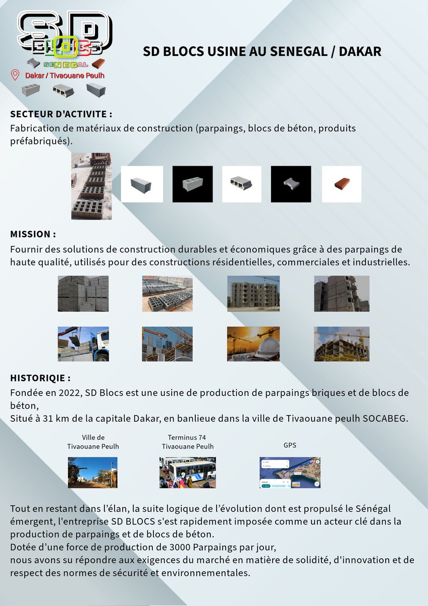 Sd_blocs's tweet photo. "SD BLOCS est une usine spécialisée dans la fabrication et la vente de parpaings, et blocs de béton de haute qualité. 
Grâce à un savoir-faire éprouvé et des équipements modernes, nous offrons des solutions durables et solides pour tous vos projets de construction." https://t.co/BG2iAFa81c
