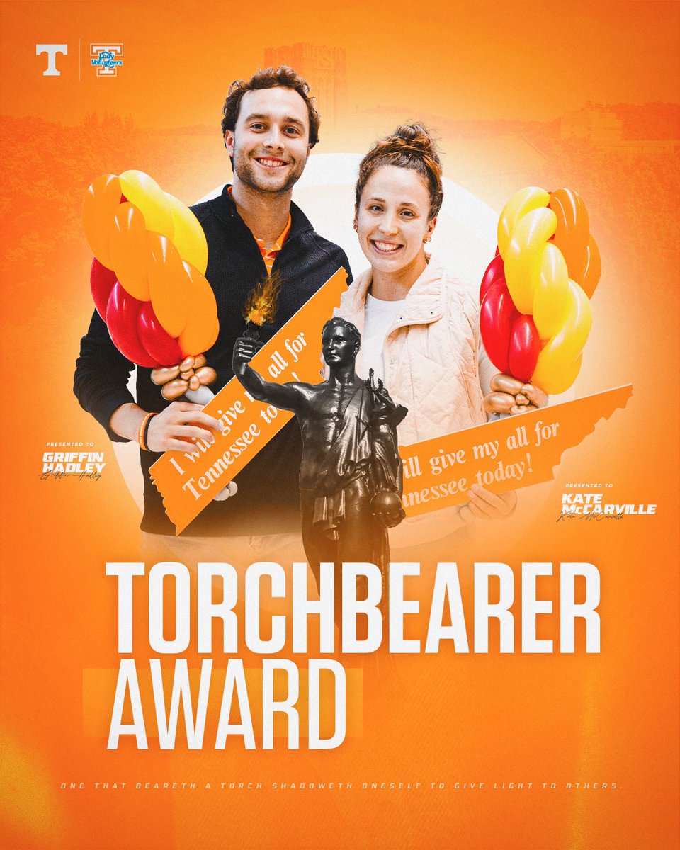“One who carries a torch stands in shadow to give light to others.”

So proud of Griffin and Kate for earning the Torchbearer Award, the highest student honor conferred by @utknoxville!