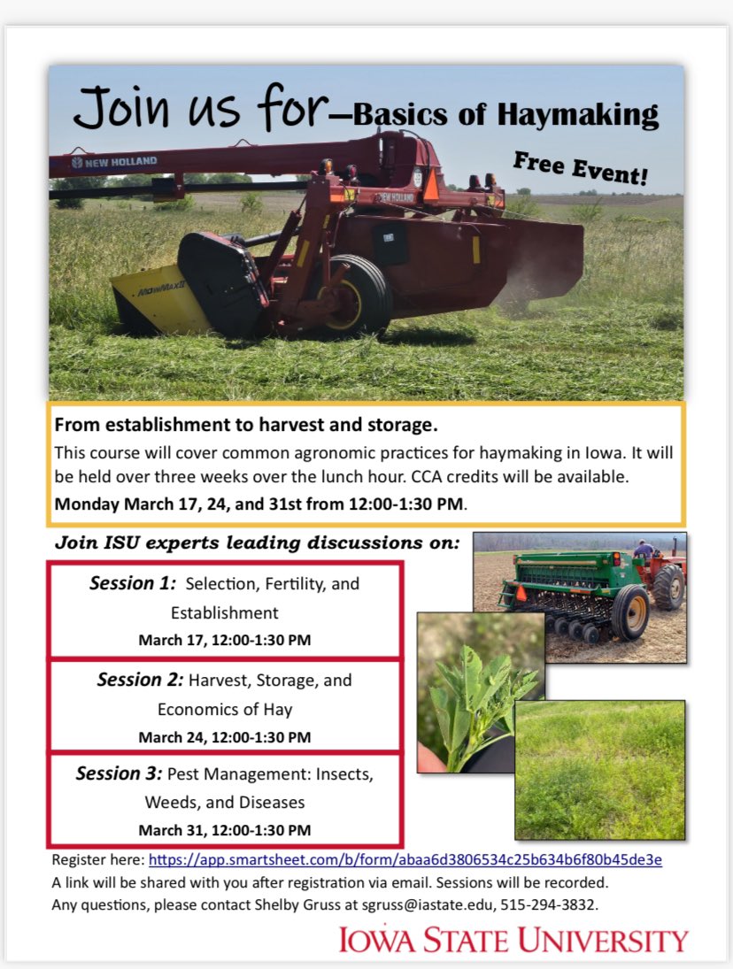 Join us for the Free Event—Basics of Haymaking
It will be held over three weeks over the lunch hour. CCA credits will be available.
Monday March 17, 24, and 31st from 12:00-1:30 PM.
Register here: app.smartsheet.com/b/form/abaa6d3…