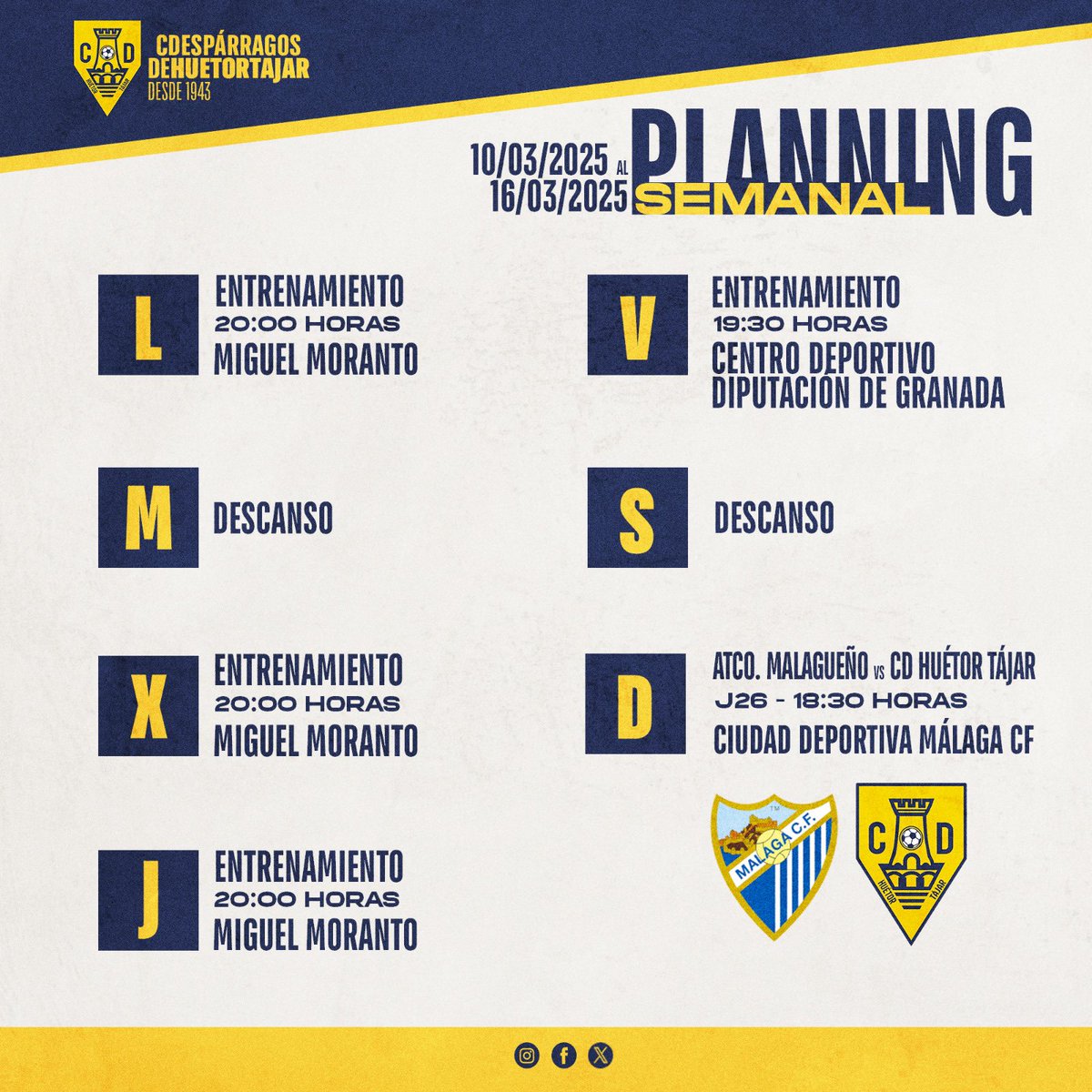 CDHuetorTajar's tweet photo. Esta semana hay que entrenar con todo, porque el próximo partido nos espera un rival muy fuerte. ¡Solo con trabajo duro y enfoque conseguiremos la victoria! 💪⚽
#sentimientoht💛💙 https://t.co/n5geTf9WFt