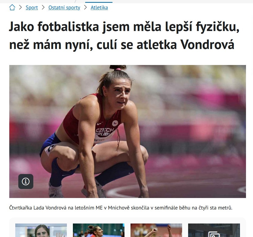 Lada Vondrová je dnes úspěšnou čtvrtkařkou, ještě před atletickou kariérou ale hrála fotbal. Začala s ním v 7 letech, její <a href="/FK_Pardubice/">FK Pardubice</a> ji vyhlásily za nejlepší starší žákyni roku 2013. Dotáhla to až ke startu v 1. lize žen, v atletice to dotáhla na OH. Skvělá „obojživelnice“ 👍