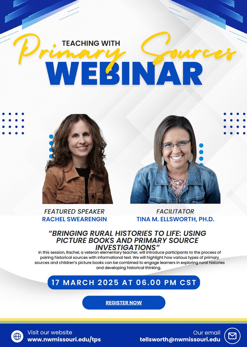 Dr. Tina Ellsworth is hosting an amazing #primarysources / #picturebooks webinar with KS History TOY <a href="/rachelteachkc/">Rachel Swearengin</a>! March 17, 6:00 CT. Gonna be awesome! Sign up at: nwmissouri.edu/tps/webinars.h… #socialstudies #sschat #engchat #engsschat #elachat <a href="/ESSDACK/">ESSDACK</a>