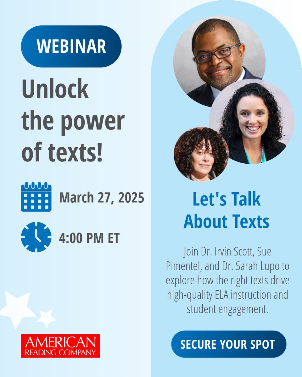 Join Sue Pimentel, Dr. Sarah Lupo, and Dr. Irvin Scott for an insightful conversation on how the right texts bring ELA instruction to life. 

🔑 Don’t miss these expert insights! Register now. ⬇️
ow.ly/FlcH50VePWK

#ELA #ReadingSuccess #ScienceOfReading #KnowledgeMatters