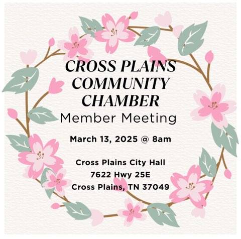 Get involved with the Cross Plains Community Chamber! Meeting Thursday morning, 8:00 am, at Cross Plains City Hall.

Not a member? Membership application available at visitcrossplains.com.