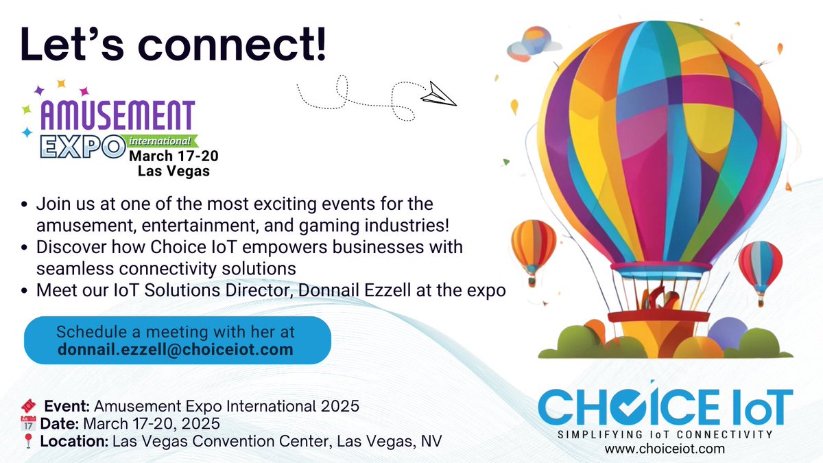 ChoiceIoT's tweet photo. Are you attending #AmusementExpo?
@ChoiceIoT will be attending. Meet our #IoT expert @DEZZELL13 at the expo to learn about #multicarrier 1SIM, CAMP, and many more. Schedule a meeting with her at donnail.ezzell@choiceiot.com
#tmobile #verizon #att #LTE #5G # #iotsim #choiceiot https://t.co/UgIAW9JT9u