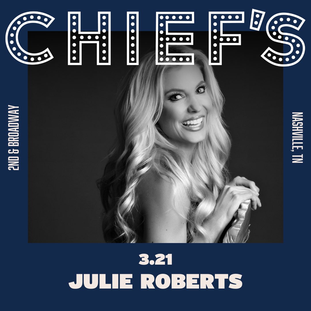 We will be back in Nashville on Friday, March 21 playing at <a href="/ChiefsBroadway/">Chief's on Broadway</a>! Tickets at: julieroberts.com/tour