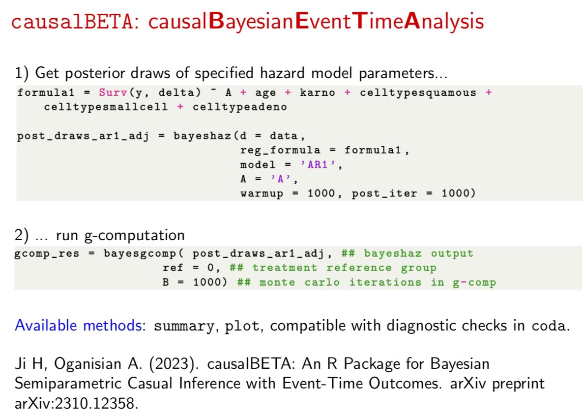 StableMarkets's tweet image. Bayesian causal survival analysis has never been so easy!
Check out Han Ji’s (@BrownBiostats) paper & package, in press @ObservStudies.
Convenient syntax, S3 classes & methods, help files, & efficient MCMC via @mcmc_stan.
arxiv.org/pdf/2310.12358
github.com/RuBBiT-hj/caus…