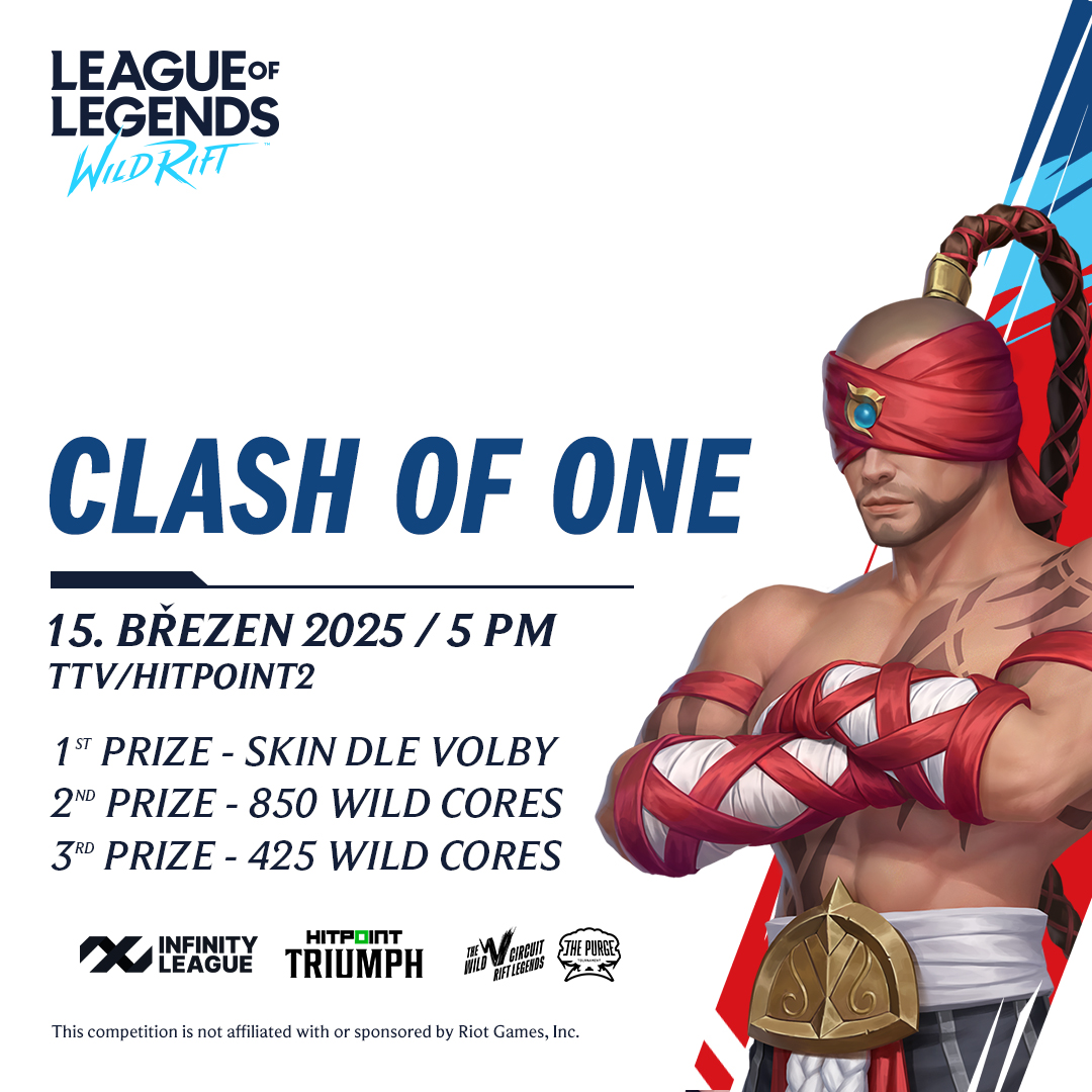 🔥 Přidejte se k našemu 1v1 #ClashofOne 15. března (17:00 CET) na Discordu Wild Rift CZ/SK! 
Jedná se o vyřazovací turnaj, kde šampiona pro vás vybírá soupeř. 

🔗 bit.ly/DiscordWildrif…

🏆 Ceny:
• 1. místo: Skin dle vlastního výběru
• 2. místo: 850 Wild Cores
• 3. místo: