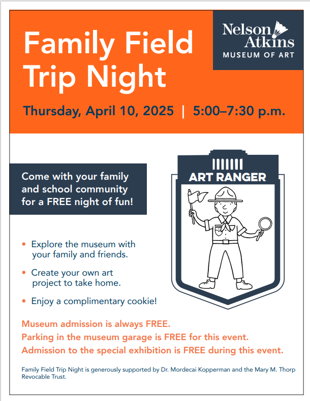 DavidsonComets's tweet photo. Family Field Trip Night @ the Nelson Atkins Museum of Art is scheduled for Thursday, 04/10 from 5:00-7:30.  If you are interested in participating, please fill out the following form: https://t.co/NmuFycZ54L. The first 50 people to sign up will be able to ride the bus from DA. https://t.co/hzWIYmRHEY