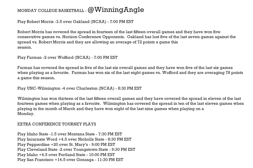 WinningAngle's tweet image. MONDAY NCAA HOOPS 🏀- Here are my plays and analysis for today.  Let's have some fun, enjoy the games, and start this week off right!! #NCAAB #ChampWeek #MarchMadness