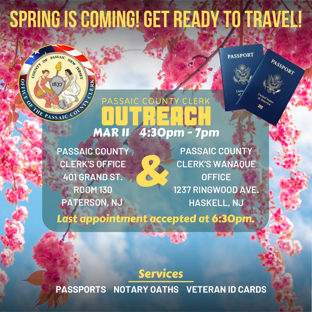 The Passaic County Clerk’s Paterson and Wanaque Offices will be open for extra hours tomorrow. Services are by appointment only. Book your appointment online smpl.is/a371i #NJ #passport #notarypublic #veteran #passaiccounty