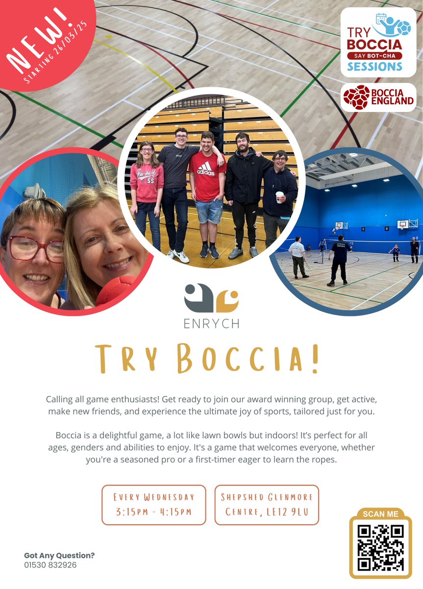 Try Boccia! 🌟

Enrych will be running 'Try Boccia' sessions in Shepshed starting on the 26th March!

📆Every Wednesday
🕑15:15-16:15
📍Shepshed Glenmore Centre, LE12 9LU

Boccia is a inclusive sport and can be played by anyone regardless of age, gender, ability or disability.