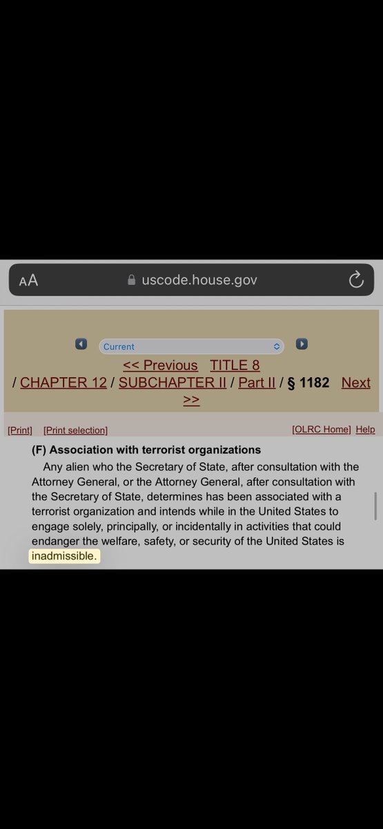 BenjaminBadejo's tweet photo. Save and send these three images of 8 USC 1182 and 8 USC 1227 to anyone who says it is unlawful to deport non-citizens and non-nationals for expressing support for terrorist activities / organizations, or for any foreign policy reason at the discretion of the Secretary of State. 

Note that no “material” support of terrorism needs to be alleged and no formal crime must be committed. Mere speech suffices. Yes, it’s an ideological test. That’s the point! That’s the very purpose of these particular laws, and of much of American immigration law more broadly.