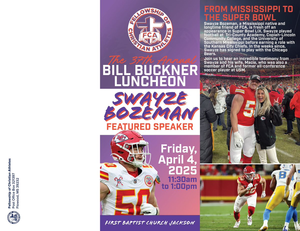 Mississippi FCA (@mississippifca) on Twitter photo Be sure to get signed up for our 37th Bill Buckner Luncheon!
Featuring Super Bowl LIX participant and now <a href="/ChicagoBears/">Chicago Bears</a> <a href="/SwayzeBozeman/">Swayze Bozeman</a>
Friday, April 4th at First Baptist Church in Jackson. 11:30 - 1:00.
Sign up at mississippifca.org Be sure to get signed up for our 37th Bill Buckner Luncheon!
Featuring Super Bowl LIX participant and now <a href="/ChicagoBears/">Chicago Bears</a> <a href="/SwayzeBozeman/">Swayze Bozeman</a>
Friday, April 4th at First Baptist Church in Jackson. 11:30 - 1:00.
Sign up at mississippifca.org