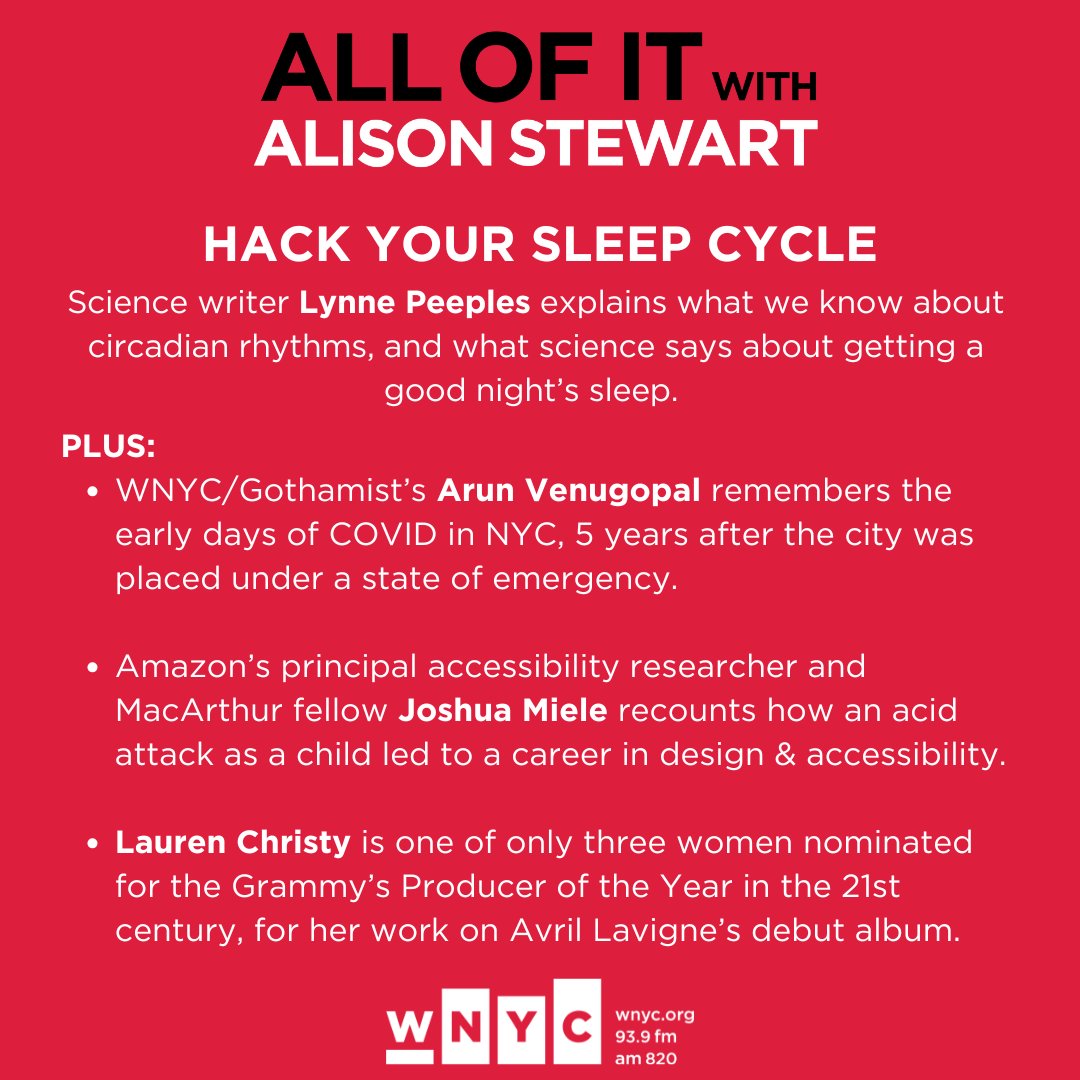 All Of It With Alison Stewart (@allofitwnyc) on Twitter photo Today: <a href="/lynnepeeps/">Lynne Peeples</a> on sleep; <a href="/arunNYC/">Arun Venugopal</a> on COVID's early days; <a href="/BerkeleyBlink/">Josh Miele</a> on his new memoir; Lauren Christy's career in music production
Live at noon on 93.9 FM, AM820 or <a href="/WNYC/">WNYC 🎙</a>.org Today: <a href="/lynnepeeps/">Lynne Peeples</a> on sleep; <a href="/arunNYC/">Arun Venugopal</a> on COVID's early days; <a href="/BerkeleyBlink/">Josh Miele</a> on his new memoir; Lauren Christy's career in music production
Live at noon on 93.9 FM, AM820 or <a href="/WNYC/">WNYC 🎙</a>.org