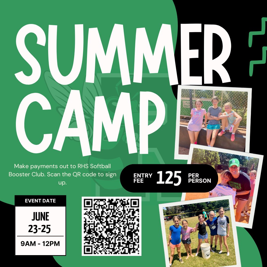 Our summer camp is around the corner! Scan the QR code to sign up! 

🗓️ June 23-25
⏰ 9am-12pm
📍 Roswell Softball Field