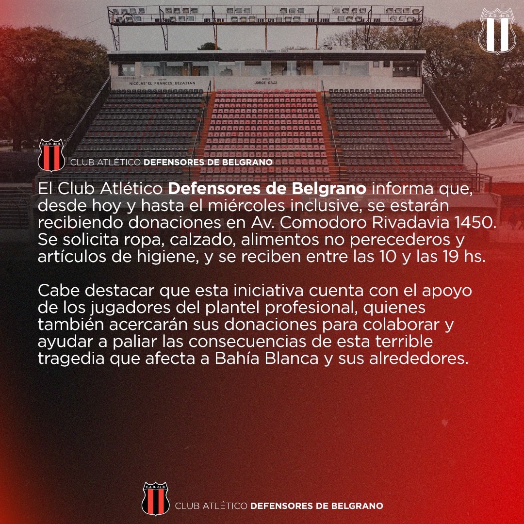 ❤️‍🩹 Estaremos juntando donaciones en el club para la población afectada en Bahía Blanca.

#SomosDefe 🔴⚫️