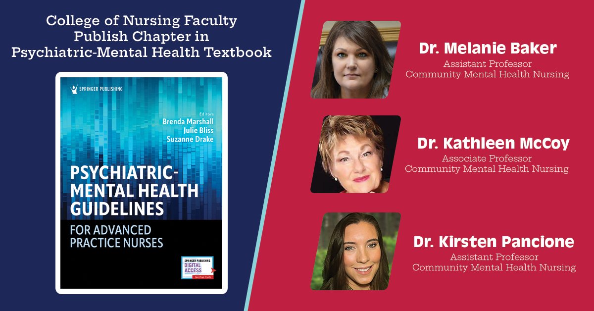 USACONursing's tweet photo. Dr. Melanie Baker, Dr. Kathleen McCoy and Dr. Kirsten Pancione authored the chapter "Intersection of Somatic Comorbidities and Mental Health" in the recently published textbook "Psychiatric-Mental Health Guidelines for Advanced Practice Nurses." #ReadySouthGo https://t.co/eHx7NG5itH