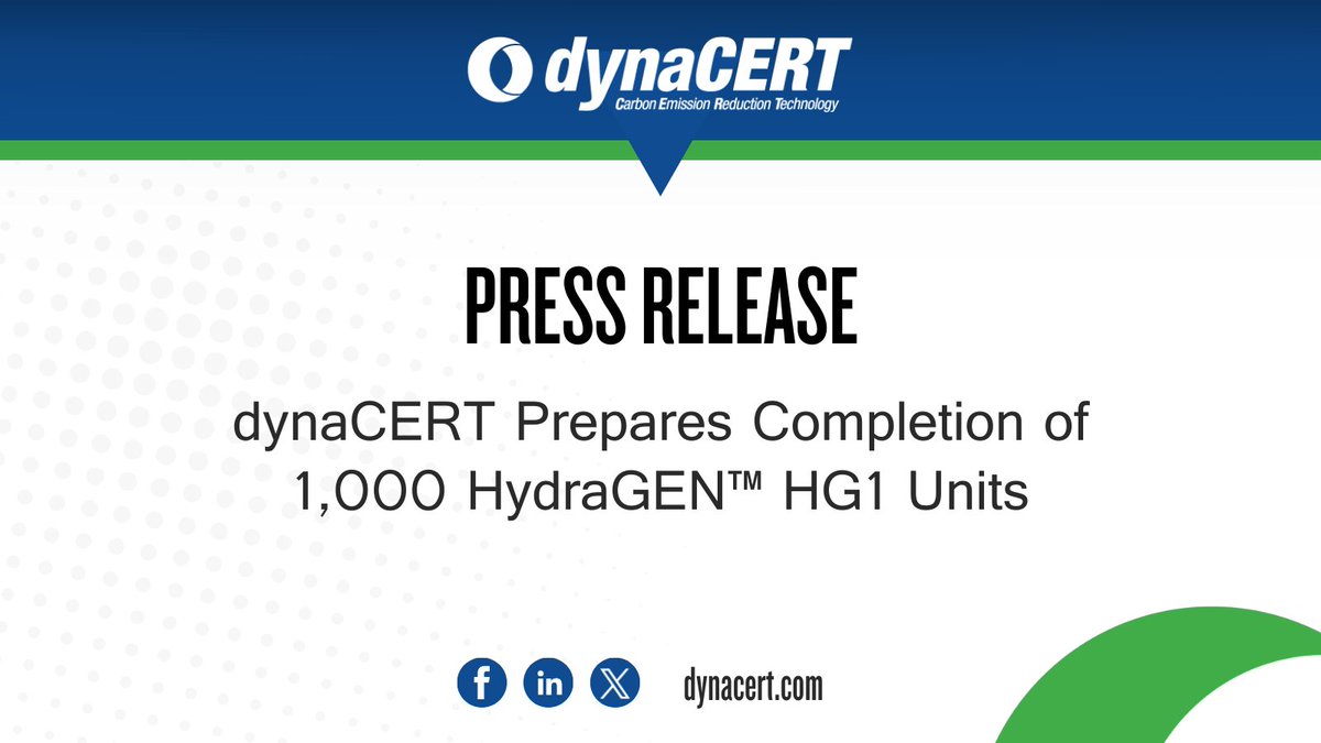 #NewsRelease! 👇

dynaCERT Prepares Completion of 1,000 HydraGEN™ HG1 Units

Read the full details here: bit.ly/41BbM8Q

$DYA $DYFSF
#Energy #CarbonEmission #Tech #GreenSolution #Hydrogen