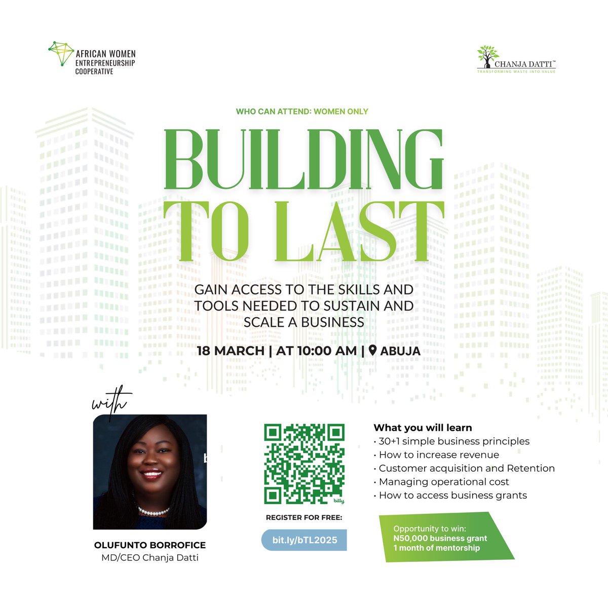 Celebrate #IWD2025 with Building to Last! 🚀 Join Chanja Datti &amp; @weareawe for a workshop empowering women entrepreneurs with growth strategies &amp; a chance to win ₦50K!

📅 March 18 | ⏰ 10 AM – 1 PM
🔗 Register now: bit.ly/bTL2025

#WomenEntrepreneurs #BuildingToLast