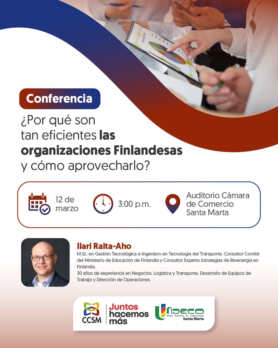 Aprende de Finlandia para impulsar tu empresa. Descubre cómo aplicar calidad, rentabilidad y bienestar laboral en tu negocio.

🗓️12 de marzo | ⏰ 3:00 p.m.
📍 Auditorio Cámara de Comercio

🚀 Para gerentes, líderes y emprendedores que buscan crecer y conectar.