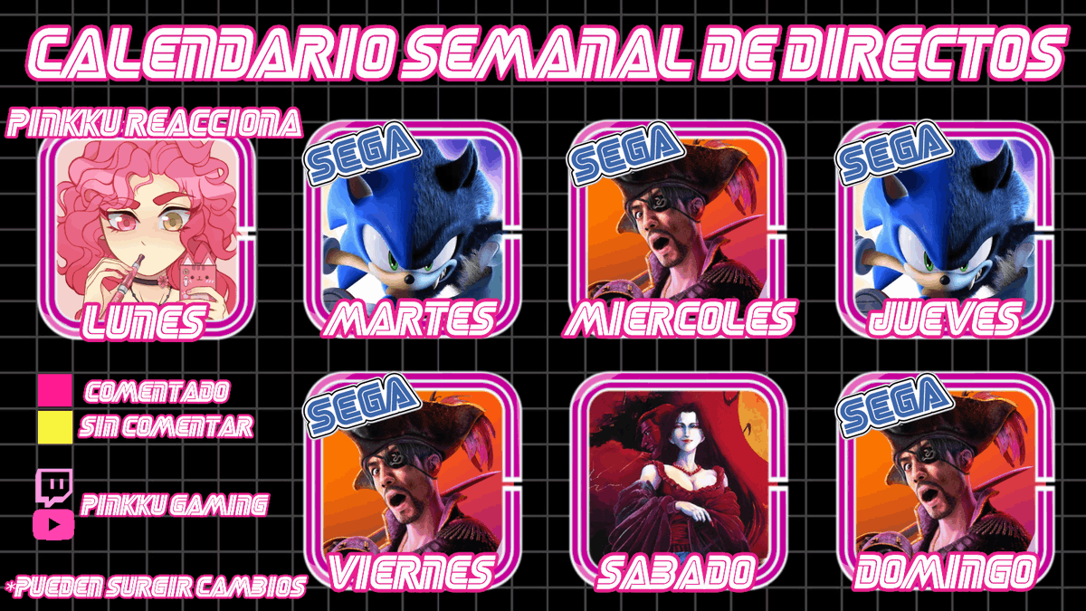 SuperSoraSonic's tweet photo. #MuyBuenasFamilia ¡El Calendario de Directos de esta semana!
🩷 #PinkkuReacciona
🩷 #SonicUnleashed @sonic_hedgehog @SEGA
🩷 #LikeADragonPirateYakuzaInHawaii @RGGStudio 🩷 #Catlevania New Generations @Konami
*Pueden surgir cambios https://t.co/1sFTenKNPD