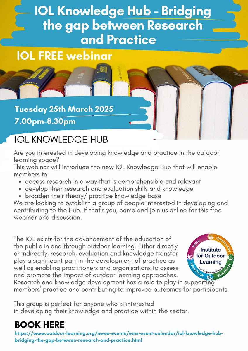 IOLOutdoorProfs's tweet image. IOL Knowledge Hub - Bridging the gap between Research and Practice. 25 March 2025. Free R&amp;amp;K development has a role to play in supporting members’ practice and contributing to improved outcomes for participants. outdoor-learning.org/news-events/em…
#researchhub #knowledgehub #outdoorlearning