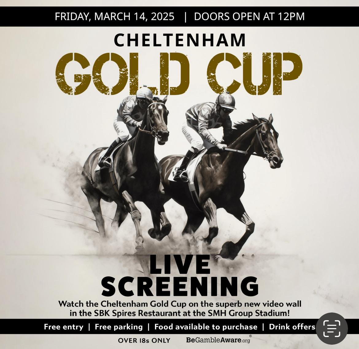 ChesterfieldFC's tweet photo. 🐎 Who's enjoying Cheltenham week? Top it off tomorrow by watching the Gold Cup on the new video wall at the SMH Group Stadium!

With 𝗙𝗥𝗘𝗘 entry, 𝗙𝗥𝗘𝗘 parking, food available to buy and offers on drinks, it's the ideal venue! https://t.co/IMulaD0T4l