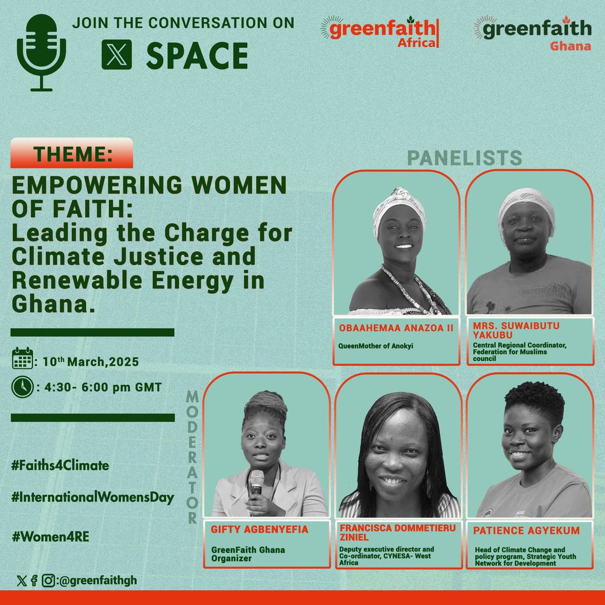 🌍💪 Empowering women of faith to lead the way in climate justice and renewable energy in Ghana. 

Happening in an hour time! Set your reminders

#Faiths4Climate
#IWD2025 
#Women4RE 
<a href="/GreenFaith_Afr/">GreenFaith Africa</a> <a href="/GreenFaithTz/">GreenFaith Tanzania</a> 
<a href="/greenfaithng1/">GreenFaith Nigeria</a> <a href="/UgandaFaith/">GreenFaith Uganda</a>