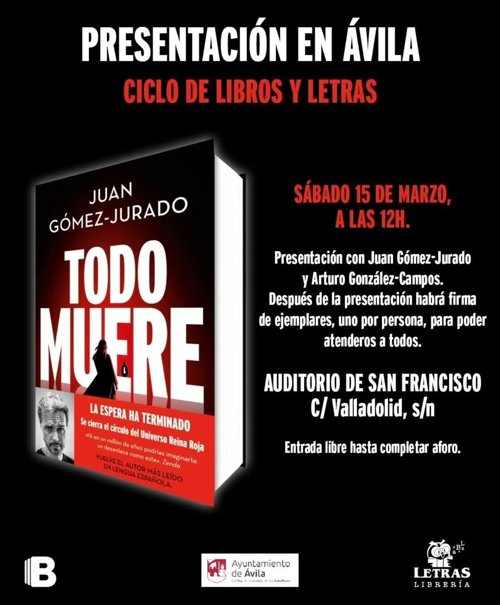 ¡No hagáis planes para este sábado!@JuanGomezJurado y el grandísimo <a href="/ArturoGCampos/">Arturo González-Campos</a> vienen a Ávila para presentar Todo Muere y hablar del universo Reina Roja en general. 
Arrancamos el ciclo 'DE LIBROS Y LETRAS'.¿Nos acompañáis?

SÁBADO 15 DE MARZO. 12H
AUDITORIO DE SAN FRANCISCO