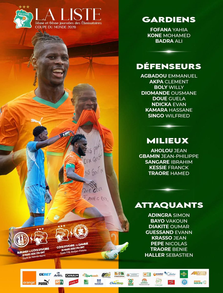 SEFLO9's tweet photo. La liste des #elephants pour les qualifs de la #CDM 2026

#wcq2026 #cotedivoire #ci225 #Abidjan #mali #Maroc #africa #football #foot #Sénégal #civ https://t.co/lGy59T0BbC