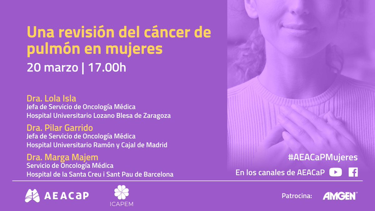 Cáncer de Pulmón (@aeacap) on Twitter photo 🔵🫁 <a href="/AEACaP/">Cáncer de Pulmón</a> ha organizado el seminario web 'Una revisión del #cáncerdepulmón en mujeres'
👩⚕️ Con las doctoras <a href="/isla_dolores/">DOLORES ISLA</a>, <a href="/Piuchagarrido/">Pilar Garrido</a> y <a href="/margamajem/">Marga Majem</a>
➡️ Se explicarán las diferencias en el abordaje de la enfermedad con perspectiva de género
ℹ️ bit.ly/AEACaP-una-rev… 🔵🫁 <a href="/AEACaP/">Cáncer de Pulmón</a> ha organizado el seminario web 'Una revisión del #cáncerdepulmón en mujeres'
👩⚕️ Con las doctoras <a href="/isla_dolores/">DOLORES ISLA</a>, <a href="/Piuchagarrido/">Pilar Garrido</a> y <a href="/margamajem/">Marga Majem</a>
➡️ Se explicarán las diferencias en el abordaje de la enfermedad con perspectiva de género
ℹ️ bit.ly/AEACaP-una-rev…