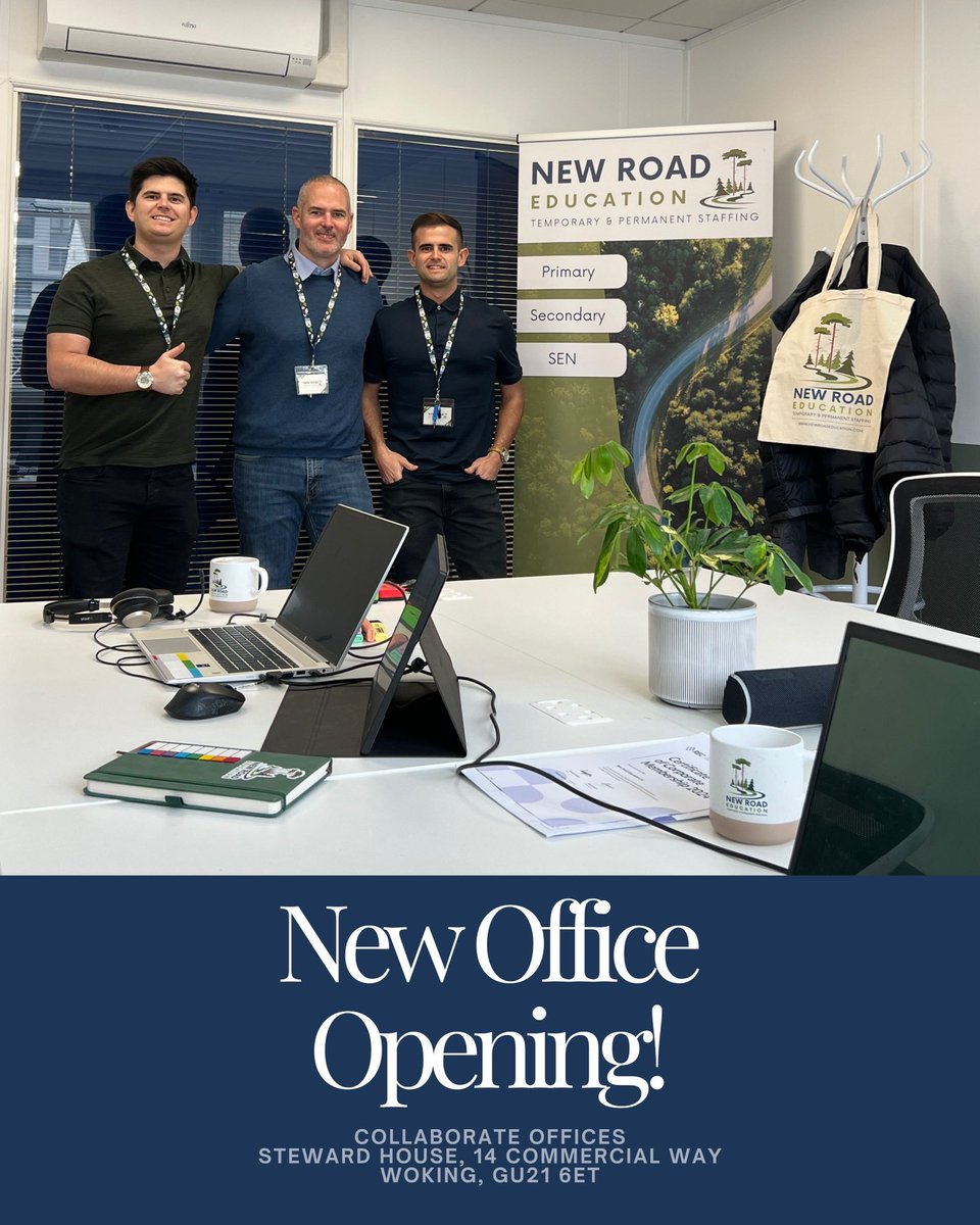 NewRoadEd's tweet photo. We're thrilled to announce the opening of our new office in Woking, Surrey! 

This marks a fantastic new chapter in our journey, and we’re excited to share it with you!

Pop by and say hello to our awesome team, and lets chat about how we can support your educational aspirations! https://t.co/9VLKKT9E0E