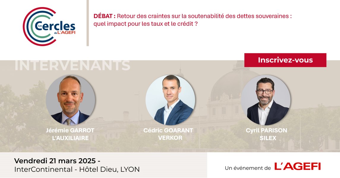 #CerclesAgefi à Lyon - 📆 21 mars
Inscription : bit.ly/4bvVG5b
[DÉBAT] Retour des craintes sur la soutenabilité des dettes souveraines : quel impact pour les taux et le crédit ?
Intervenants : <a href="/JeremieGarrot/">Jérémie Garrot</a> - @L_Auxiliaire, <a href="/cgoarant/">Cedric Goarant</a> - <a href="/verkor/">verkor</a>, Cyril PARISON - SILEX