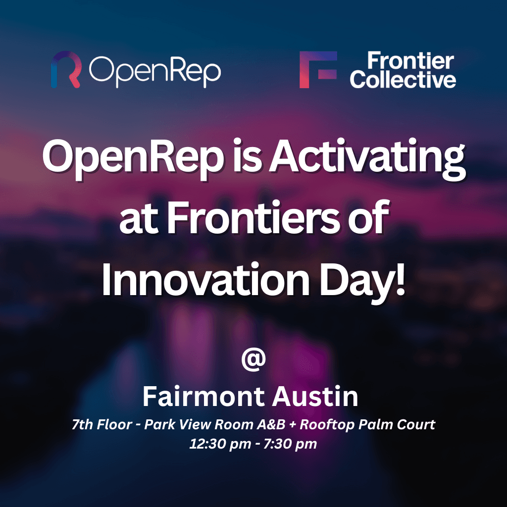 openrep_ai's tweet photo. OpenRep is joining Frontier of Innovation Day at SXSW in Austin. Meet us and a crew of fantastic startups at the Fairmont Austin from 12:30–5:00. See you there! 1/1 https://t.co/LoAJ7CtpzK