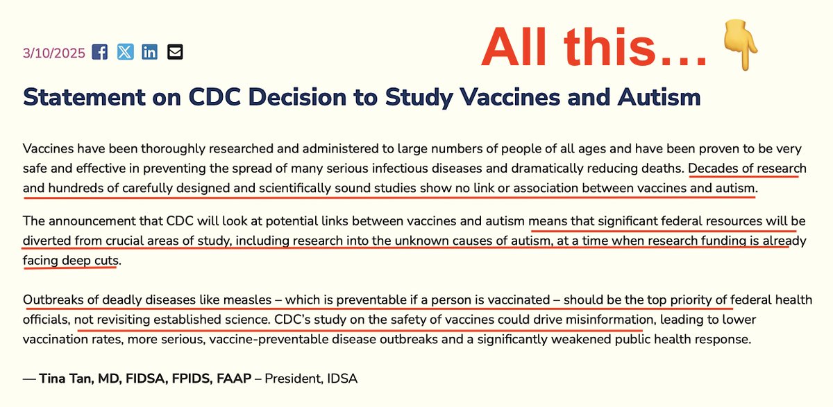CaulfieldTim's tweet photo. Statement from Infectious Diseases Society of America:

The CDC study to explore vaccines & autism will:
- waste needed resources at worst possible time
- "drive misinformation"

Reality: Decades of "scientifically sound studies show no link or association between vaccines & autism."