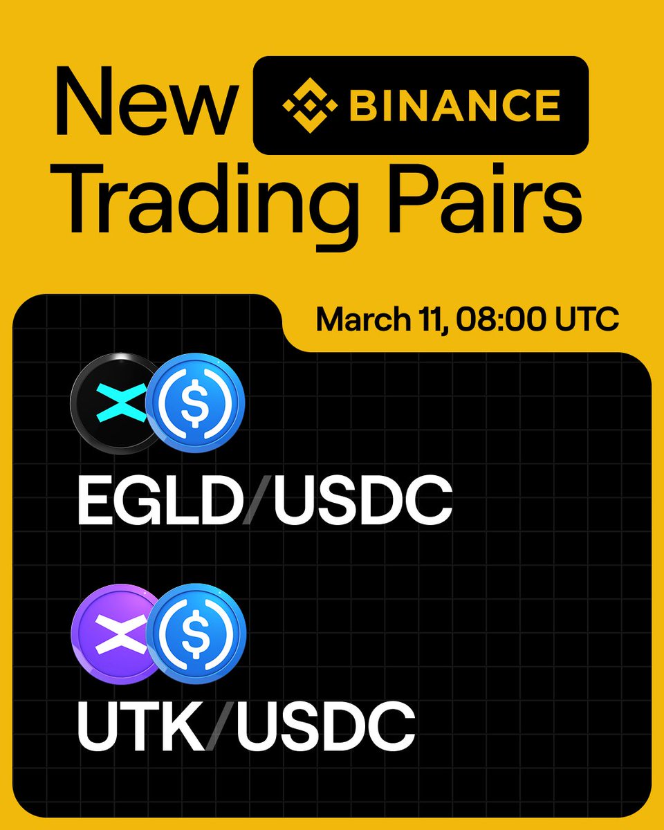 MultiversX's tweet photo. New trading pairs rolling out on @binance for the ecosystem.
Starting tomorrow, $EGLD & $UTK get a USDC pair.
🇪🇺 On a related note: USDt pairs will be unavailable for EEA users after March 31 https://t.co/NQXJt6C2ZO