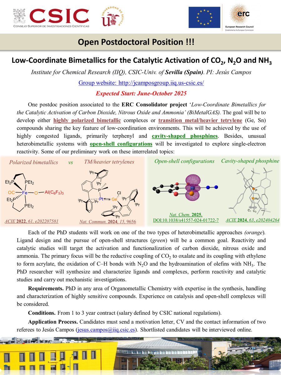 Jesus Campos Group (@camposgroup) on Twitter photo We keep hiring: 1-3 year POSTDOC to develop Bimetallic Chemistry for CO2, N2O and NH3 activation under ERC Consolidator Grant BiMetalGAS
<a href="/ERC_Research/">European Research Council (ERC)</a> Expected start: June-October 2025. Please RT. #Postdoc #chemjob Cool bimetallics in sunny🌞Sevilla We keep hiring: 1-3 year POSTDOC to develop Bimetallic Chemistry for CO2, N2O and NH3 activation under ERC Consolidator Grant BiMetalGAS
<a href="/ERC_Research/">European Research Council (ERC)</a> Expected start: June-October 2025. Please RT. #Postdoc #chemjob Cool bimetallics in sunny🌞Sevilla
